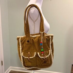 American Eagle Outfitters Corduroy Tote with Beaded Charm - Brown